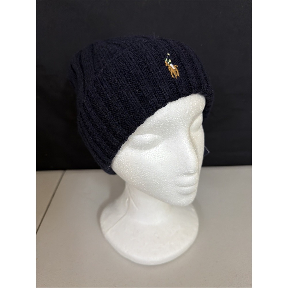NWT POLO Ralph Lauren Black/dk NavyWool/Embroidered Pony Logo Ribbed Cuff Beanie